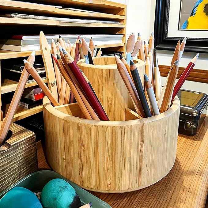 VaeFae Bamboo Pen Holder Organizer, 360° Rotating Art Supply Organizer, Desktop Storage for Marker Pens, Colored Pencil, Art Brushes, etc. - Image 6