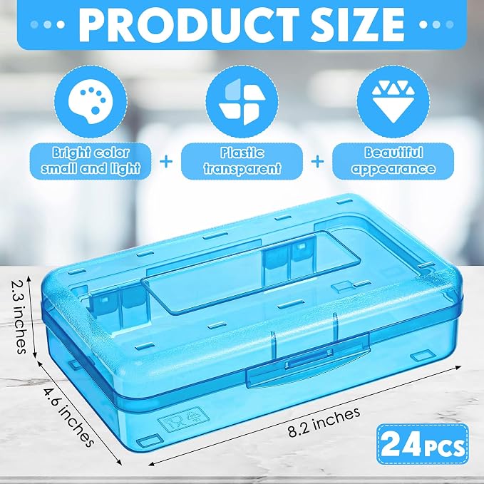 Fainne 24 Pack Pencil Boxes for School Clear Plastic Pencil Case Large Plastic Crayon Box Bulk Stackable Classroom Stationery Organizer School Supplies(Blue, Purple) - Image 2
