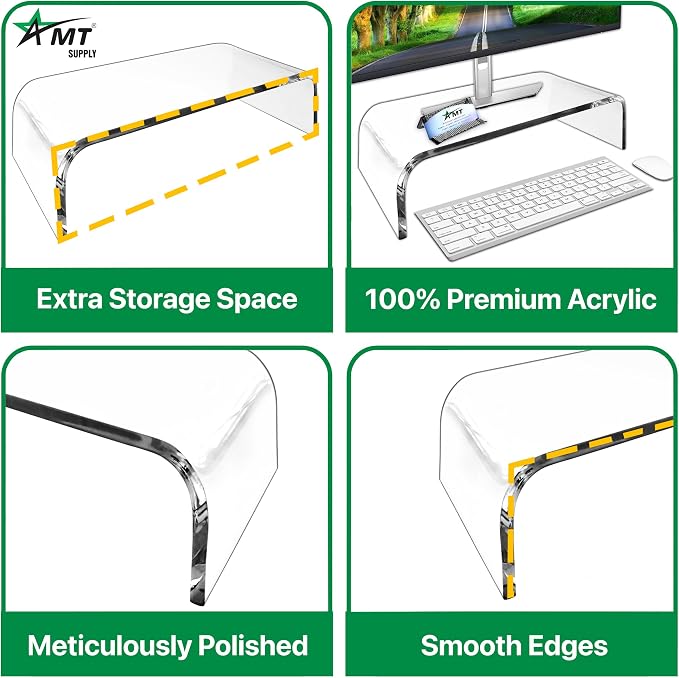 AMT Acrylic Laptop Monitor Stand & Computer Riser with Cat Keyboard Protector, Space-Saving Design, Extra Storage, Clear Shelf - Ideal for Monitors, Laptops, Printers, Desktop Decor - Image 3