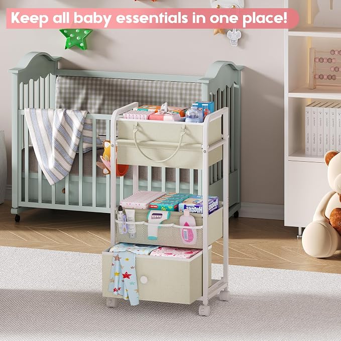Cidaziya 2In1 Baby Diaper Caddy Organizer and Storage, 3 Tier Rolling Cart with Drawer, Detachable Dividers, Mobile Utility Cart Baby Dresser Clothes Organizer for Baby Essentials, Bedroom, Nursery - Image 9