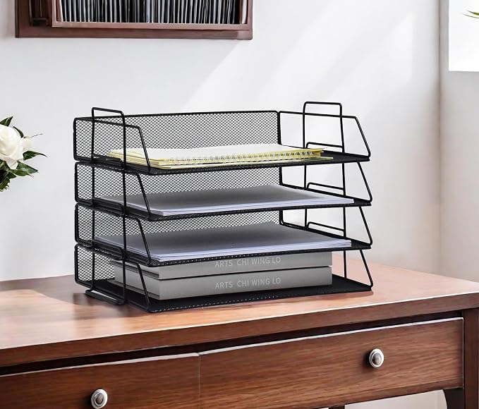 YFS A4 Mesh Letter File Folder Holder, Paper Organizer Letter Tray with Handle, 4 Tier Stackable Letter Tray, Document Organizer, Office Decor (A4,Horizontal,Black, 4 Tier) by wen-liz-US