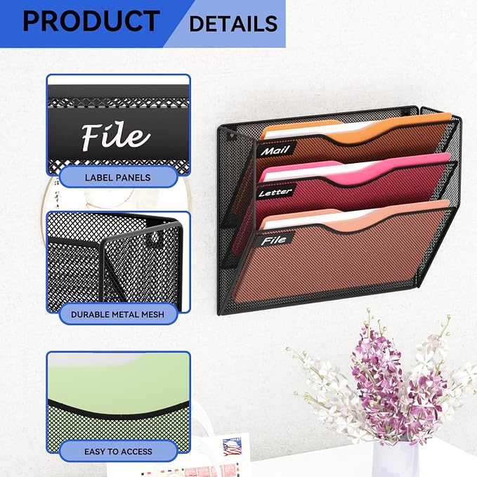 3 Pockets Hanging Wall File Organizer Mail Holder, Wall Mounted Paper Document Folder Holder, Clipboard Storage Organization Magazine Rack, Black - Image 4