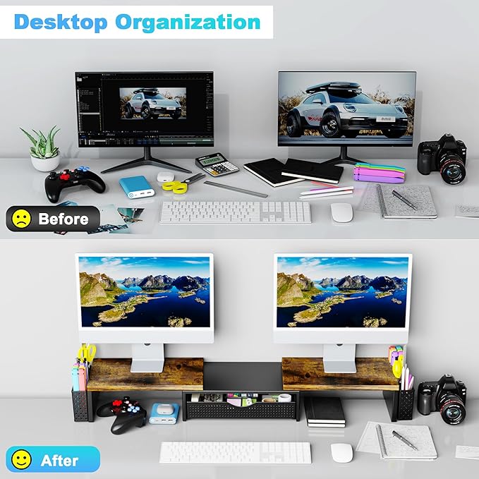 Spacrea Wood Dual Monitor Stand Riser with Drawer and 2 Pen Holders | Monitor Riser Desk Organizers and Accessories,Desk Accessories & Workspace Desktop Organizers for Office Supplies - Image 2
