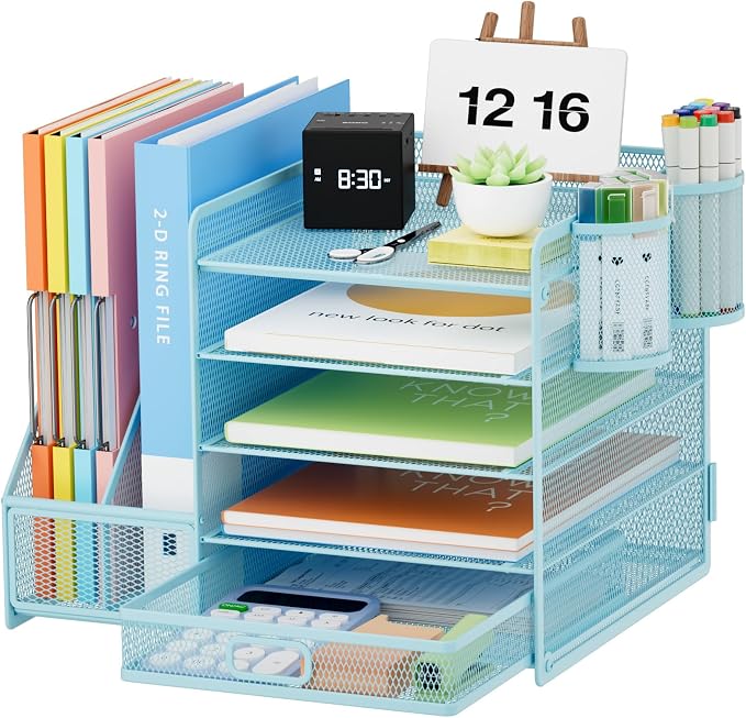 Marbrasse Desk Organizer with File Holder, 5-Tier Paper Letter Tray Organizer with Drawer and 2 Pen Holder, Mesh Desktop Organizer and Storage with Magazine Holder for Office Supplies(Blue) by Marbrasse