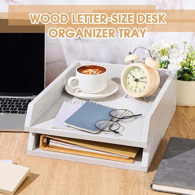 DoubleFill 2 Pcs Wooden Letter Trays 2 Tier Desktop Paper Organizer Wood Letter-Size Desk Document Tray Heavy Duty Stackable Paper Drawer Holder File Folder Back to School Office Home (White) - Image 2
