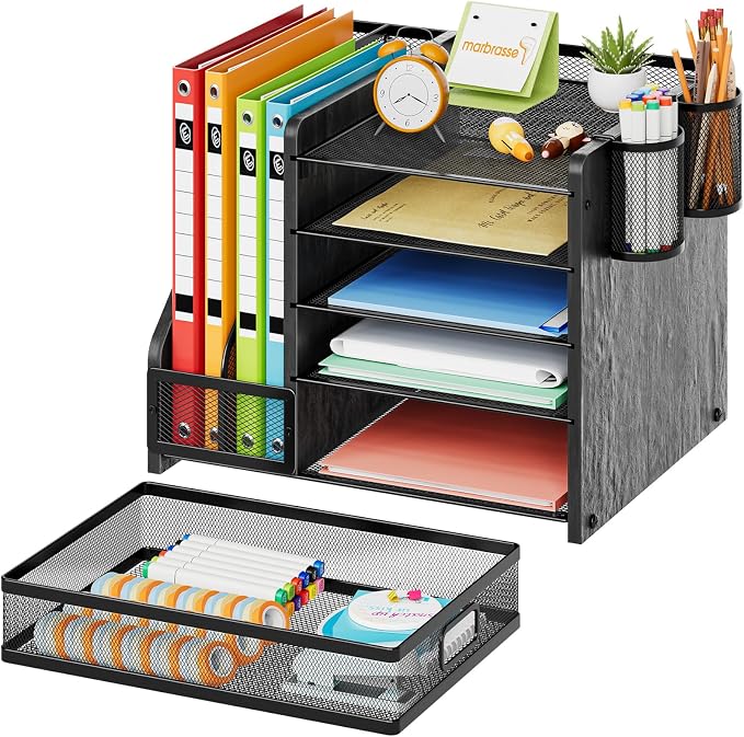 Marbrasse Desk Organizer with File Holder, 5-Tier Paper Letter Tray Organizer with Drawer and 2 Pen Holder, Mesh Desktop Organizer and Storage with Magazine Holder for Office Supplies (Wood-Black) - Image 2