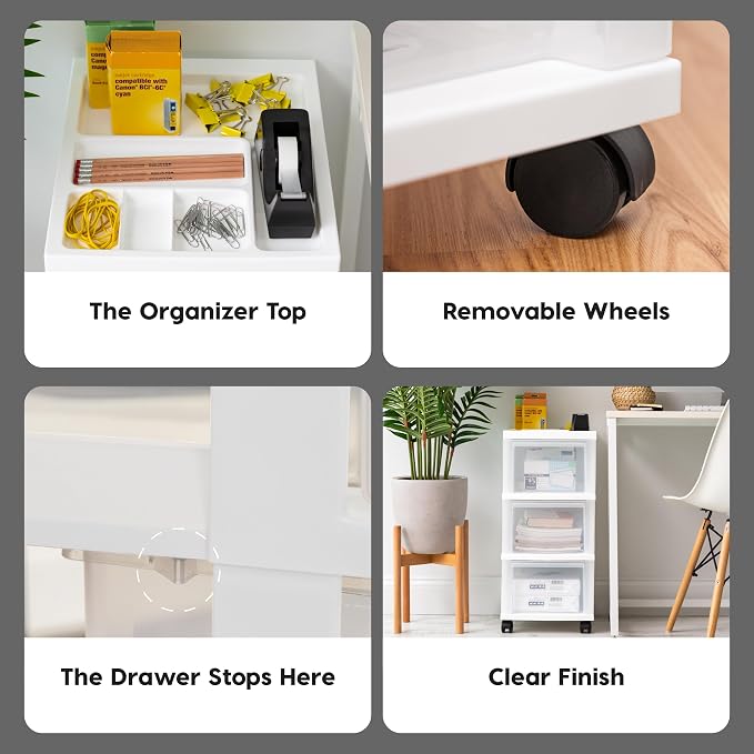 IRIS USA 3-Drawer Rolling Storage Cart, White/Clear | Keep craft supplies, office essentials, classroom items, and accessories organized with easy-access drawers for daily use - Image 7