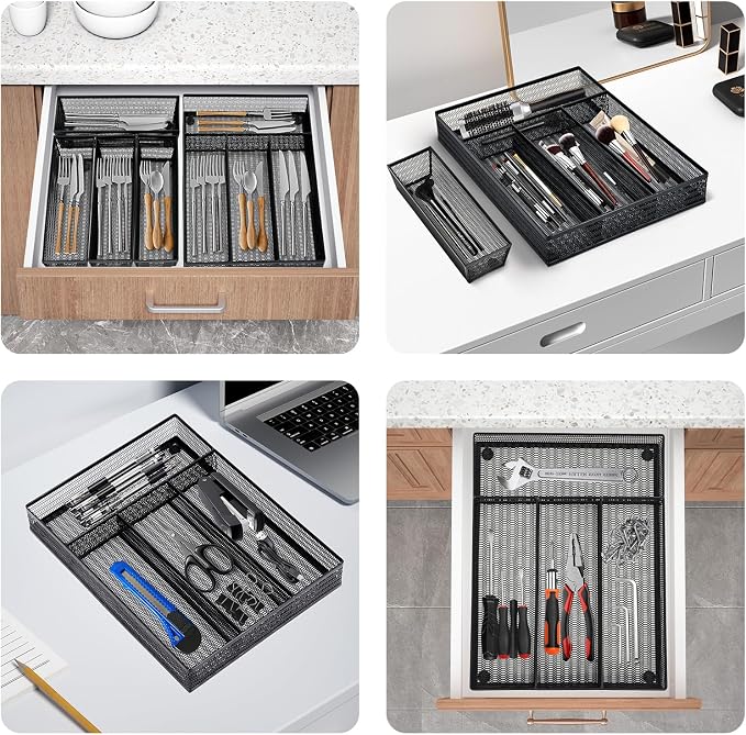 Neudeco Drawer Organizer Set, Black Mesh, 5 Pack | 4-Compartment Silverware Organizer Tray, 4 Utensil Trays, For Flatware, Cutlery, Office Supplies, Non-Slip - Image 6