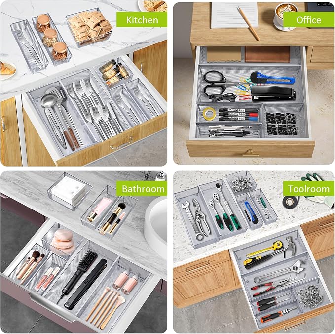 Neudeco Silverware Drawer Organizer, Pack 5, Silver | Utensil Organizer, For Large Utensils, Interlocking Arm, Cutlery Tray for Knives Fork Spoon - Image 6