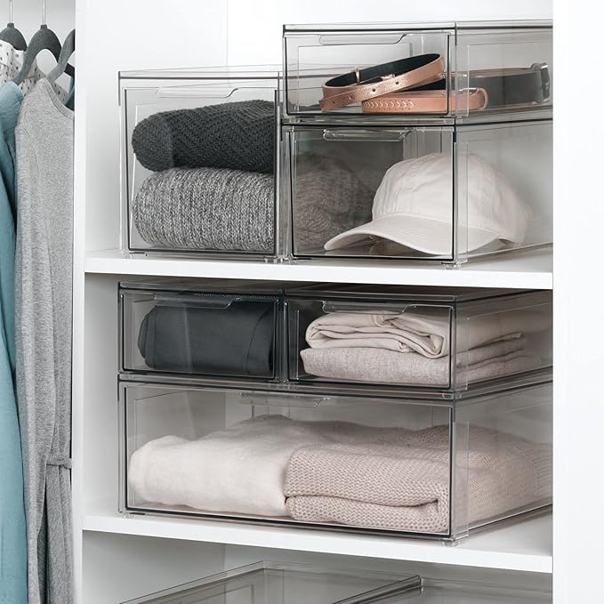 mDesign Plastic Stackable Closet Storage Organizer Bins with Pull Out Drawer for Cabinet, Desk, Shelf, Cupboard, or Dresser Organization - Lumiere Collection - 4 Pack - Clear - Image 3