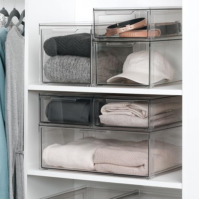 mDesign Plastic Stackable Closet Storage Organizer Bin Containers with Front Pull Drawer for Cabinet, Desk, Shelf, Cupboard, or Dresser Organization - Lumiere Collection - Set of 3 - Clear - Image 3