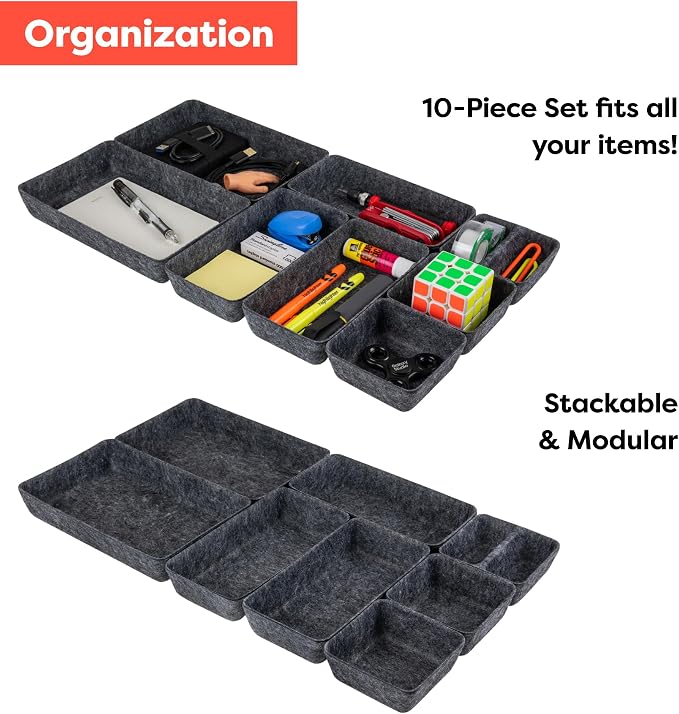 Rajas Goods Drawer Organizer Compatible with Ikea Alex Drawer Unit, 10-Piece Modular Felt Tray Organizer Set, Perfect Fit (Dark) - Image 3