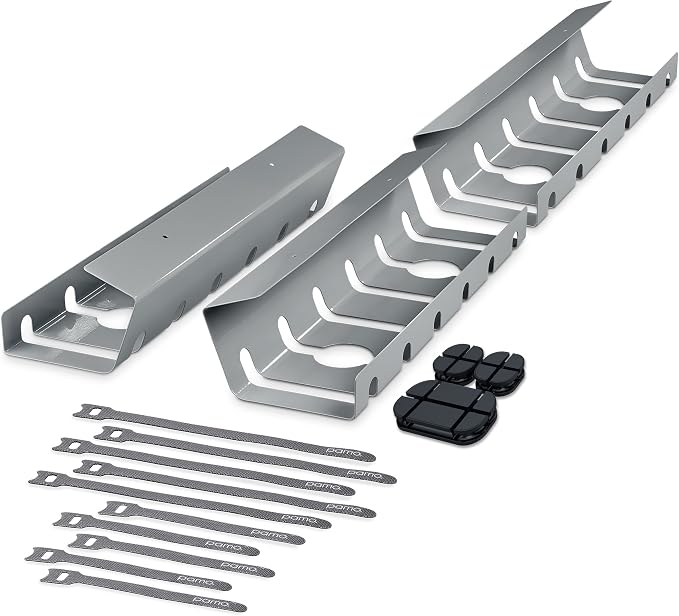 PAMO Cable Management Under Desk, Set of 3 - Grey/Silver | Easy under-table mounting keeps cables organized, includes 10 cable ties for a clean and tidy office or home workspace. - Image 2
