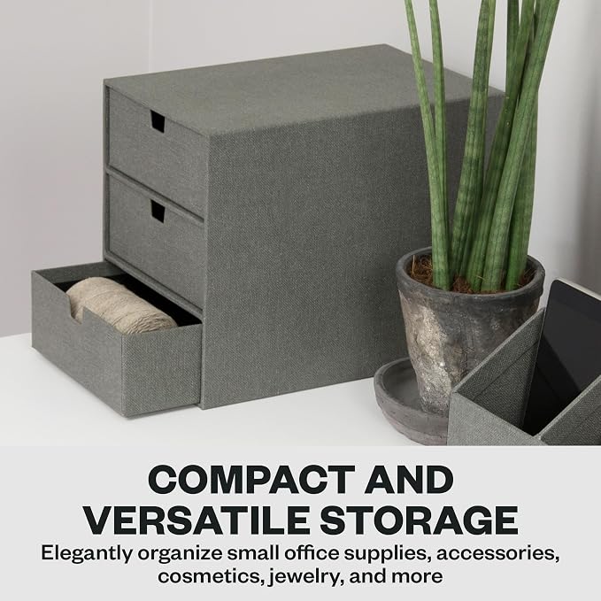 Bigso Box of Sweden Ingrid 3-Drawer Canvas Fiberboard Desk Organizer for Office Supplies and Accessories - Stackable Makeup Drawer Organizer - 6.3in x 9.9in x 8.1in - Grey - Image 4