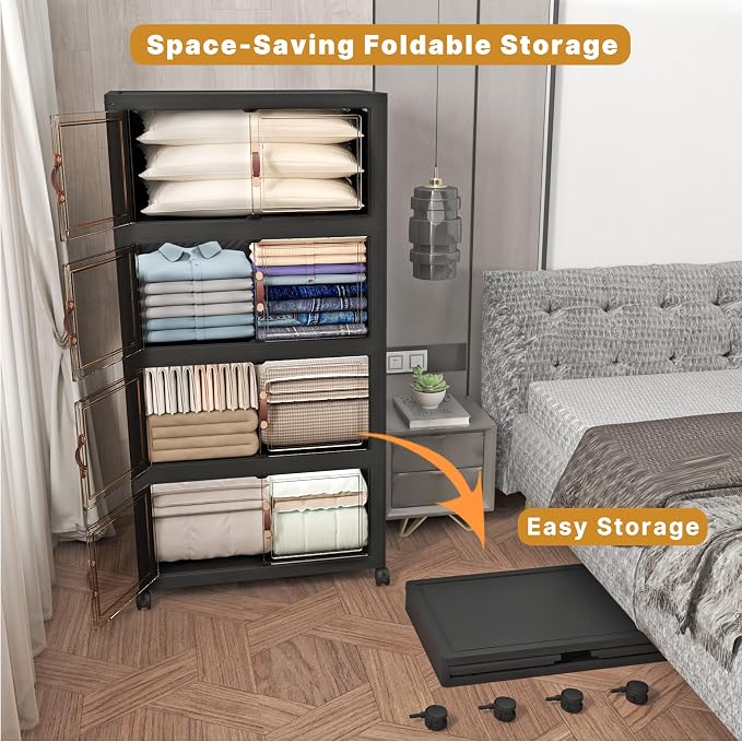 672QT Stackable Storage Bins with Lids,Doors & Wheels | Closet Organizers and Storage Cabinet, Lockable Plastic Foldable Drawers for Bedroom Dorm Office Garage（168QT*4,Black） - Image 4