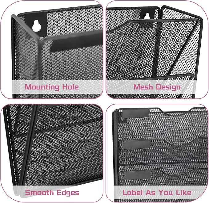 5 Pockets Mesh Wall File Holder Organizer Office Hanging File Folder Magazine Rack, Nametag Label Hooks Set Included (Black) - Image 3