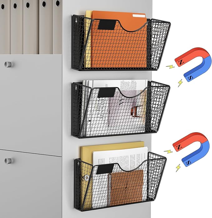 MFTEK Magnetic File Holder, 3 Pockets Magnetic File Folder Holder No Drilling Magnet Paper Mail Organizer Magazine Basket, Hanging Wall Storage Rack for Fridge Cabinets Office Classroom by MFTEK