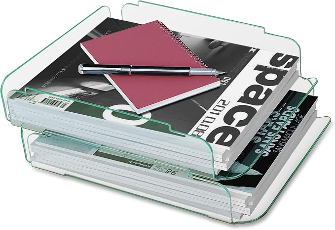 Lorell LLR80655 Stacking Letter Tray, 2 per Pack, Clear/Green - Image 2
