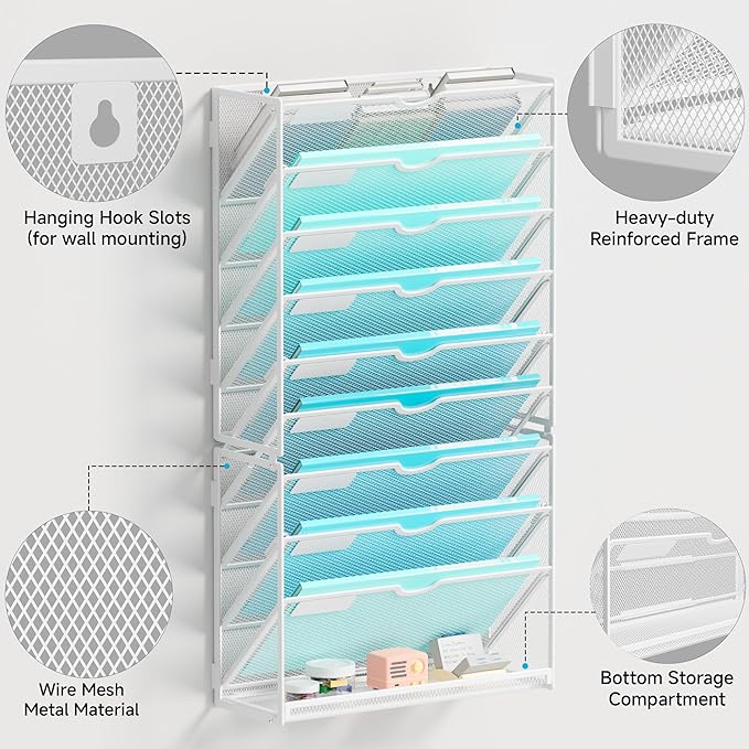 Lavatino 10-Tier Hanging Wall File Folders Organizer - White Metal Mesh Paper Magazine Document Mail Holder File Organizer for Office School Home Wall Mount or Desk Supplies Organization - Image 3