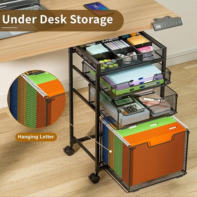 Rolling File Cart with 3 Storage Drawers, Under Desk Filing Cabinet with DIY Divider, Hanging File Folder Organizer on Wheels, Fits A4/Letter Size, Metal Utility Cart for Home Office, Black - Image 2