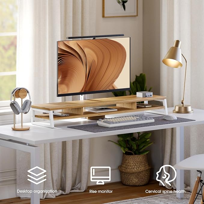 Fenge Dual Monitor Riser for Desk, Open Shelf with 3 Storage Compartments | 42.5in Computer Monitor Stand, 2-Tier Desk Shelf for Top of Desk,One-Piece Panel, fit Ultrawide Monitor, PC, Laptop, Dark Oak - Image 7