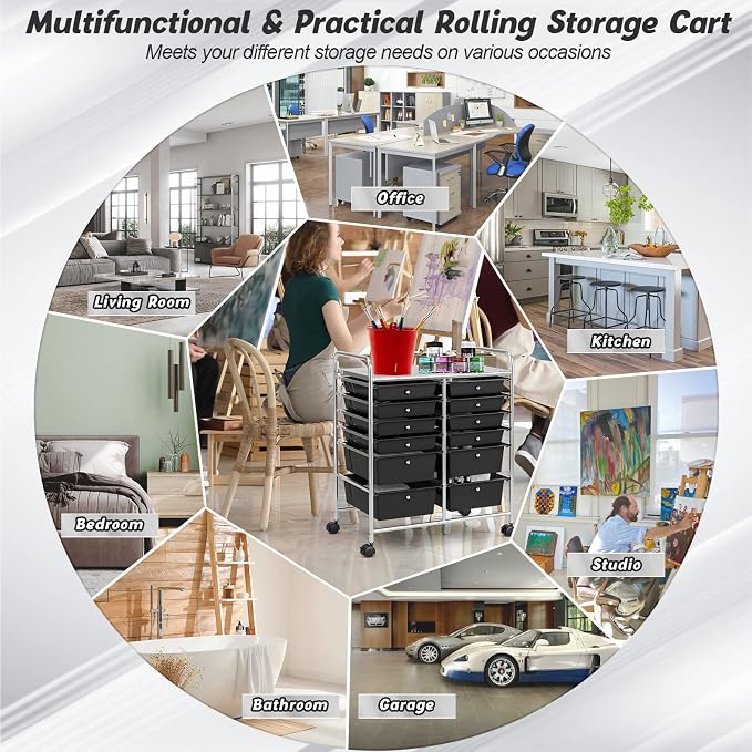 COSTWAY 12-Drawer Rolling Storage Cart, Moveable Art Craft Organizer | Lockable Wheels, Metal Shelf, Files Arrangement Tools Makeup Storage Cart for Office, Home, School (Black) - Image 8