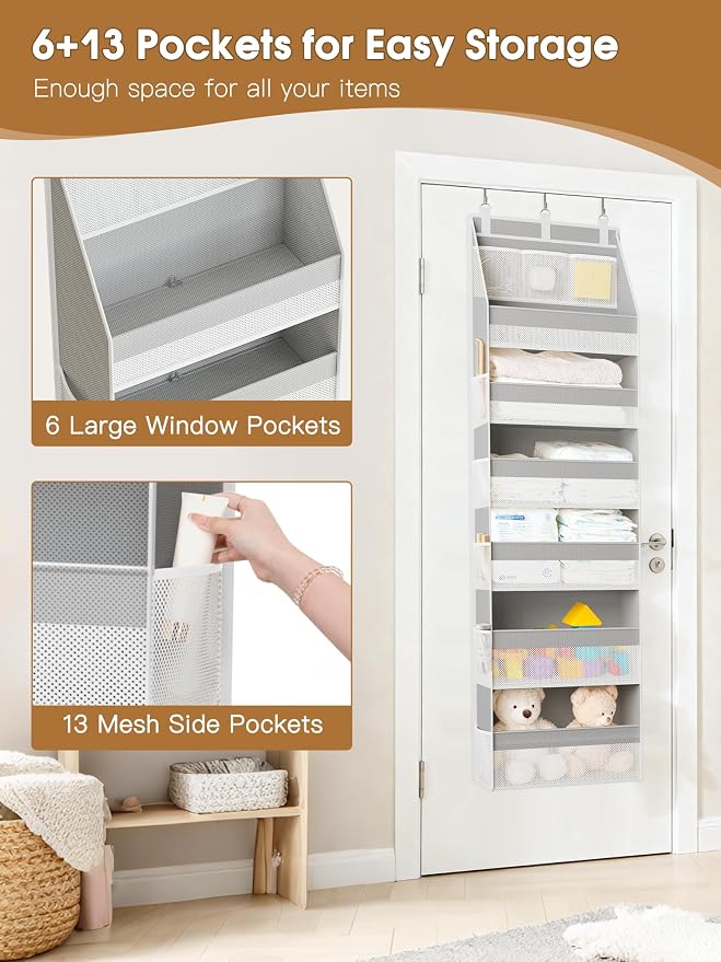 2 Pack Over The Door Organizer, Heavy-Duty 6-Shelf Hanging Storage with 13 Mesh Pockets, 55lbs Capacity Behind The Door Storage for Nursery, Bathroom, Bedroom, and Dorm, Grey - Image 5