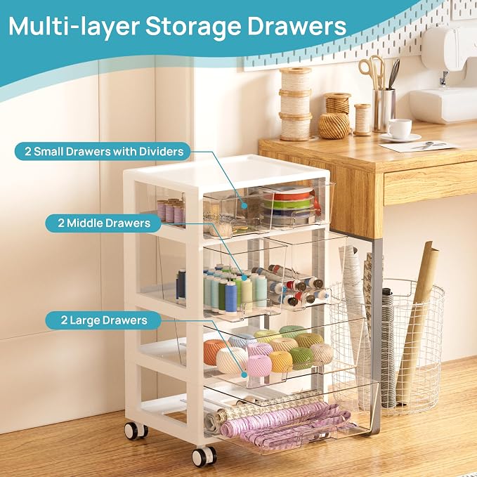 Vtopmart Drawer Storage Organizer,4 Tier 6 Drawers with Wheels, Clear | Clear Drawers with Multiple Sizes Keep Supplies Visible. Sturdy for Bathreoom, Office, Under Desk, Crafts & Art Storage. - Image 4