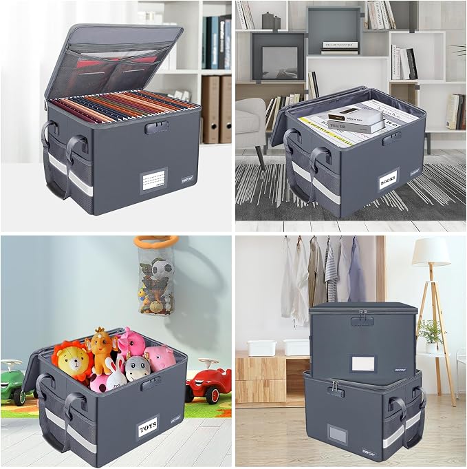 ENGPOW File Box with Lock, Fireproof Document Box with Zipper Lid, Collapsible File Organizer Storage Filing Cabinet with Handle, Portable Home Office Safe for Hanging Letter/Legal Folders, Grey - Image 2