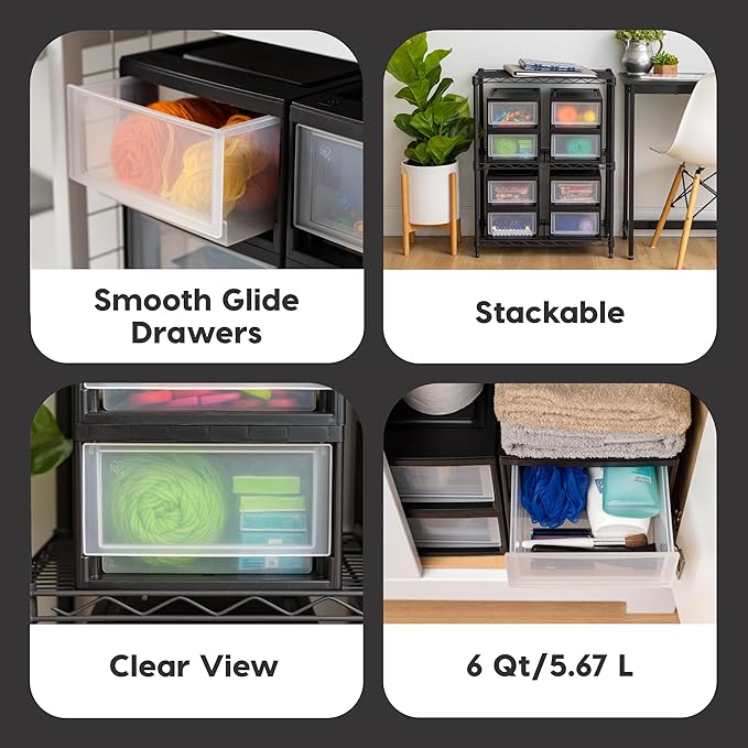 IRIS USA 8-Pack, 6 Qt. Small Stacking Drawer Storage Organizer, Black | Organize craft supplies, accessories, office items, and small essentials around your home with separate storage spaces - Image 4