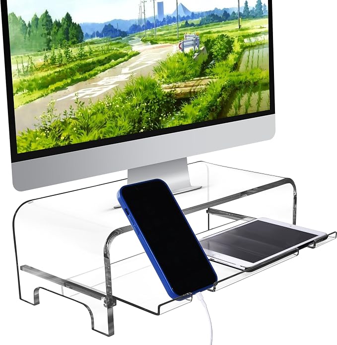 AMT 2 Tier 5.7 Inch High Acrylic Laptop Monitor Stand & Computer Riser with Cat Keyboard Protector, Space-Saving Design, Extra Storage, Clear Shelf - Ideal for Monitors, Laptops, Printers, Desktop - Image 7