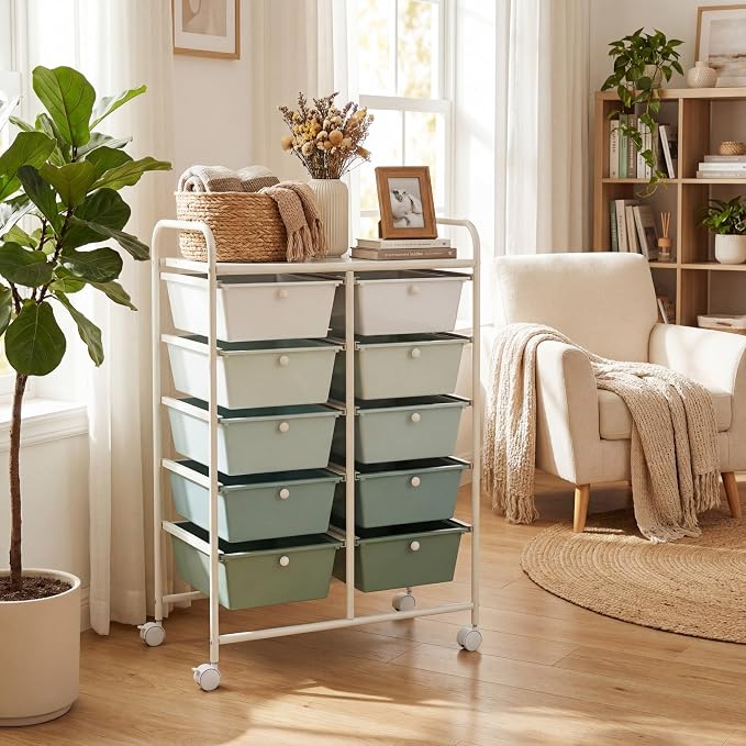 COSTWAY 10 Drawer Rolling Storage Cart, Utility Cart with Lockable Wheels | Mobile Art Supply Craft Organizer with Metal Frame, Multipurpose Drawer Cart for Paper for Office, School, Green Gradient - Image 2
