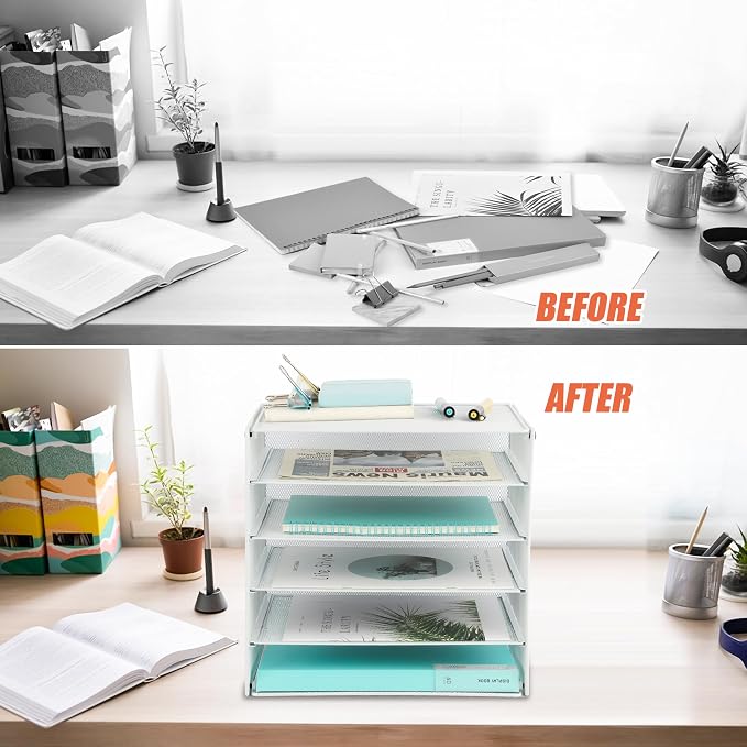 5 Slot Mesh Desk Organizer Tray, File Paper Letter Folder Holder Desktop Paper Sorter Mail Organization Rack Storage Accessories, for Office Home School Classroom, White - Image 3