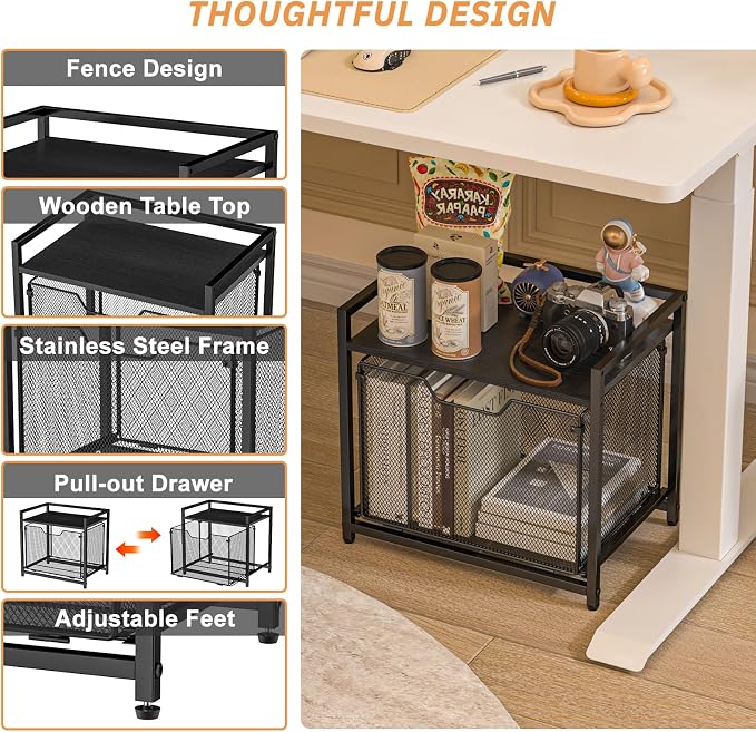 JKsmart Under Desk Storage, Printer Stand with Drawer, Rolling File Cabinet with Adjustable Table Top, 2 Tier Industrial Shelf on Fixed Feet Wheels, Sofa Side Table Organizer for Home, Office, Black - Image 7