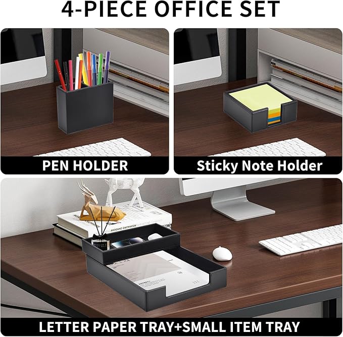 4 Pack Leather Office Supplies/Desk Organizer for Letter Paper Tray,Sticky Note Holder,Pen Cup,Stackable Small Letter Mail Sorter Tray,Workspace Decor for Women Men (Black, 4-piece set) - Image 2