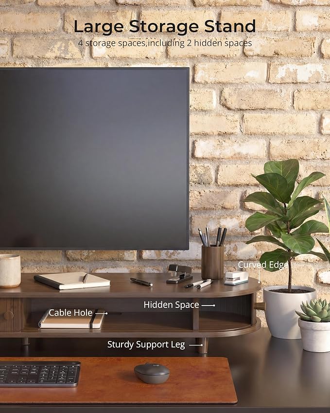 42 Inch Curved Dual Monitor Stand Riser with Storage Desk Shelf | Double Computer Stand with Sliding Doors for 55-72 Inch Cozy Workplace Computer Setup Desk Organizer Toasted Bamboo Color - Image 4