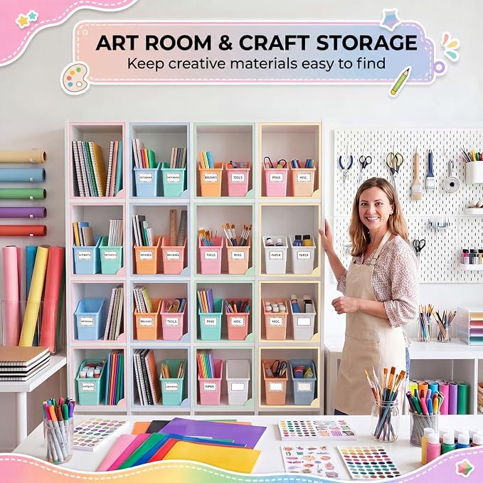 Blosssound 6 Set Book Bins for Classroom with Label Sticker Book Box Baskets Plastic Stackable Organizing Bins Storage & Organization for Classroom Library Home School Supplies (Cloud Pastel) - Image 6
