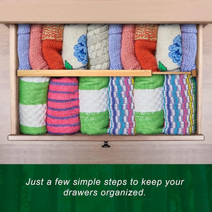 FJO 6 Pack Bamboo Drawer Dividers 4.65" High Adjustable from 17'' to 22'' | Strong Spring Loaded, Expandable Utensil Organizer, Works in Kitchen, Dresser, Closet, Bathroom, Bedroom,Office (Beige) - Image 8