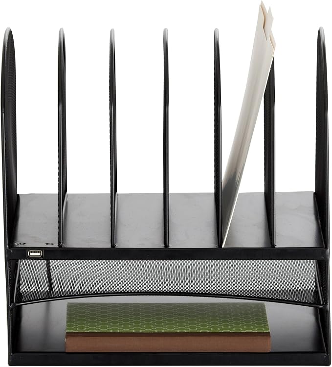 Safco 3233BL Onyx Mesh Powered Charging Station Desktop Organizer with 6 Vertical, 2 Horizontal Sections and USB Port, Black, 13.25"W x 11.5"D x 13"H by SafcoProducts