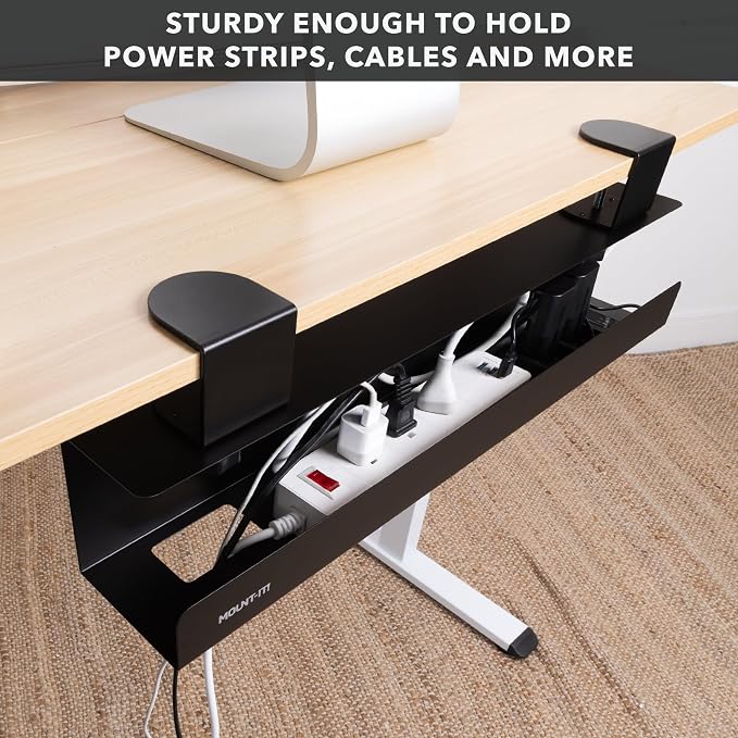 Mount-It! Under Desk Cable Management Tray – Clamp-On No-Drill Metal Cable Management Tray for Desk & Standing Desk, Wire & Cord Organizer for Power Strips, Glass Desks – 23.6” Black - Image 3