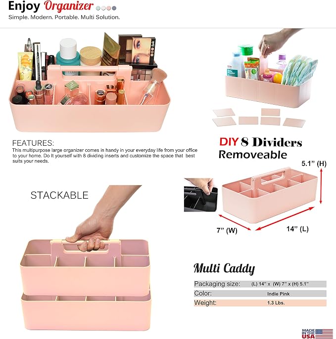 -Large Portable Caddy, DIY Dividers, 8 Compartments, Basket with Handle Storage Organizer Modern Made in USA (6 PACK, Indie Pink) - Image 4