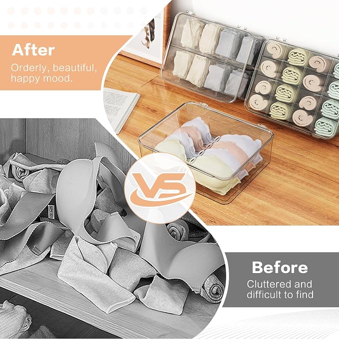 2pcs Sock Underwear Organizer, Sunoyar 16 Compartment Adjustable Dividers Tie Bras Socks Underwear Drawer Organizers for Closet, Clear Plastic Storage Containers Box with Lids for Ties Bra Scarf Socks - Image 5
