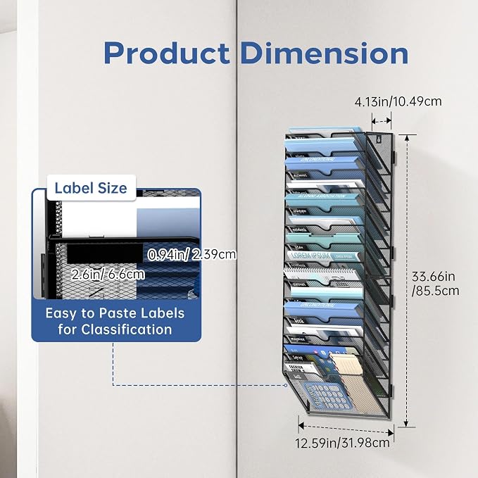 14-Tier Wall File Organizer and Hanging File Organizer, Black | Wall Organizer and Wall Mounted File Holder with 14 Pockets and Label Panels for Files, Mail, Folders, Magazines and Paper - Image 2