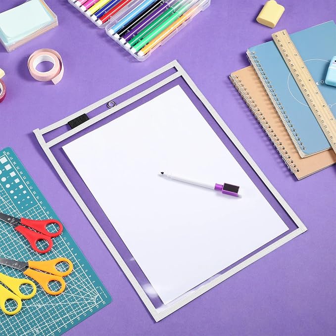 Nezyo Dry Erase Pockets Plastic Job Ticket Holders Shop Holder Order Pockets Clear Sleeves Tickets Folders Plastic Sleeves Paper Teacher Supplies for Classroom(14 x 10 in,White,50 Pcs) - Image 4