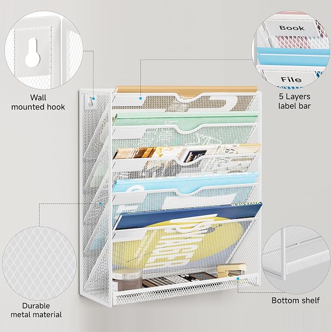 Lavatino 6-Tier Hanging File Organizer with Hooks – No Installation Needed, Wall-Mounted File & Magazine Organizer for Office and Home (White) - Image 5