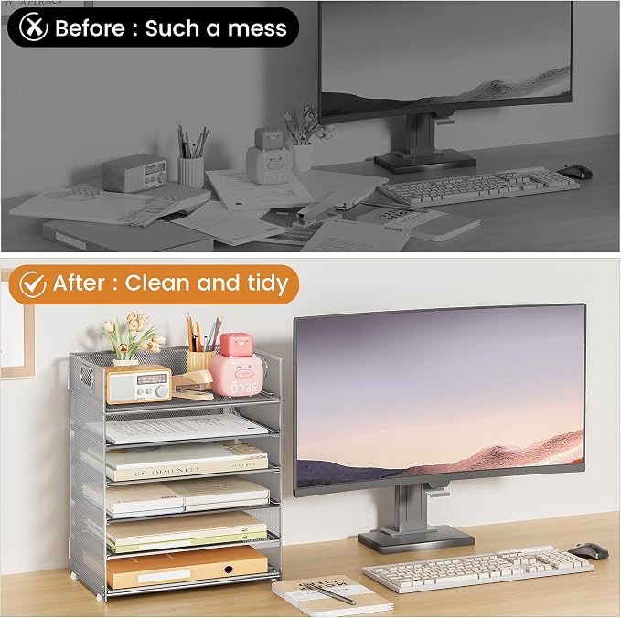Subekyu 6 Tier Paper Organizer for Desk with Handle, Metal Mesh Desk Office File Folder Paper Letter Tray Accessories Organizer Sorter for Home, School, Office Desktop Document Organization - Silver - Image 2