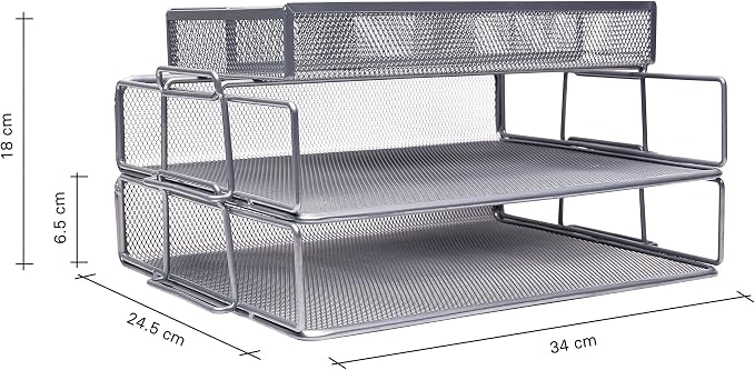 Exerz Layer of 2 Wired Mesh Paper Sorter Plus an Accessory Tray/Desk Organiser/Detachable File Holder, with Extra Divider/Memo Holder On Top – Office, School, Study Multifunctional Essential. | Two Tier A4 File Storage With Divided Accessory Sections F... - Image 2