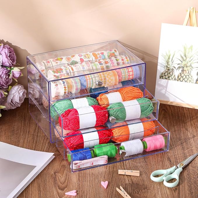 2 Pack 3 Drawer Washi Tape Organizer Plastic Washi Tape Storage Cube Organizer Box 10 x 7 x 6.8 Large Capacity Clear Storage Drawer Holder for Art Craft Embellishments Jewelry Makeup - Image 5
