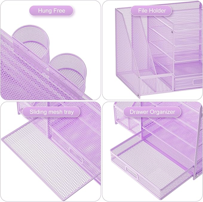 Marbrasse Desk Organizer with File Holder, 5-Tier Paper Letter Tray Organizer with Drawer and 2 Pen Holder, Mesh Desktop Organizer and Storage with Magazine Holder for Office Supplies(Purple) - Image 4