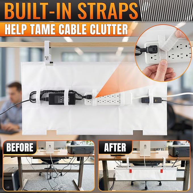 Under Desk Cable Management Tray 28" — No Drill Clamp-On Cord Organizer for Desk with Built-in Ties, Heavy Duty Metal Clamp, Foldable 600D Oxford Fabric for Home Office, WFH & Gaming PC Setup (White) - Image 3